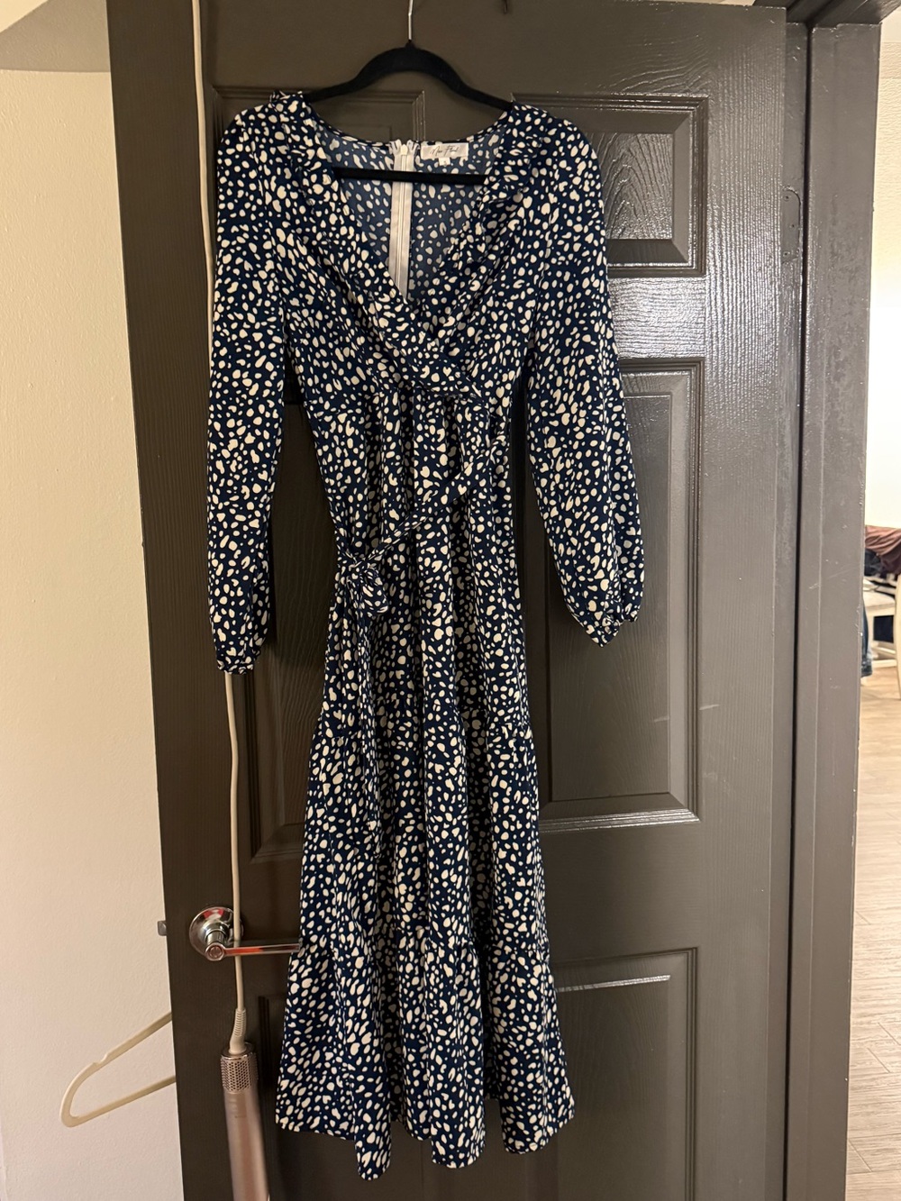 Navy Blue Printed Midi Wrap Dress with Long Sleeves